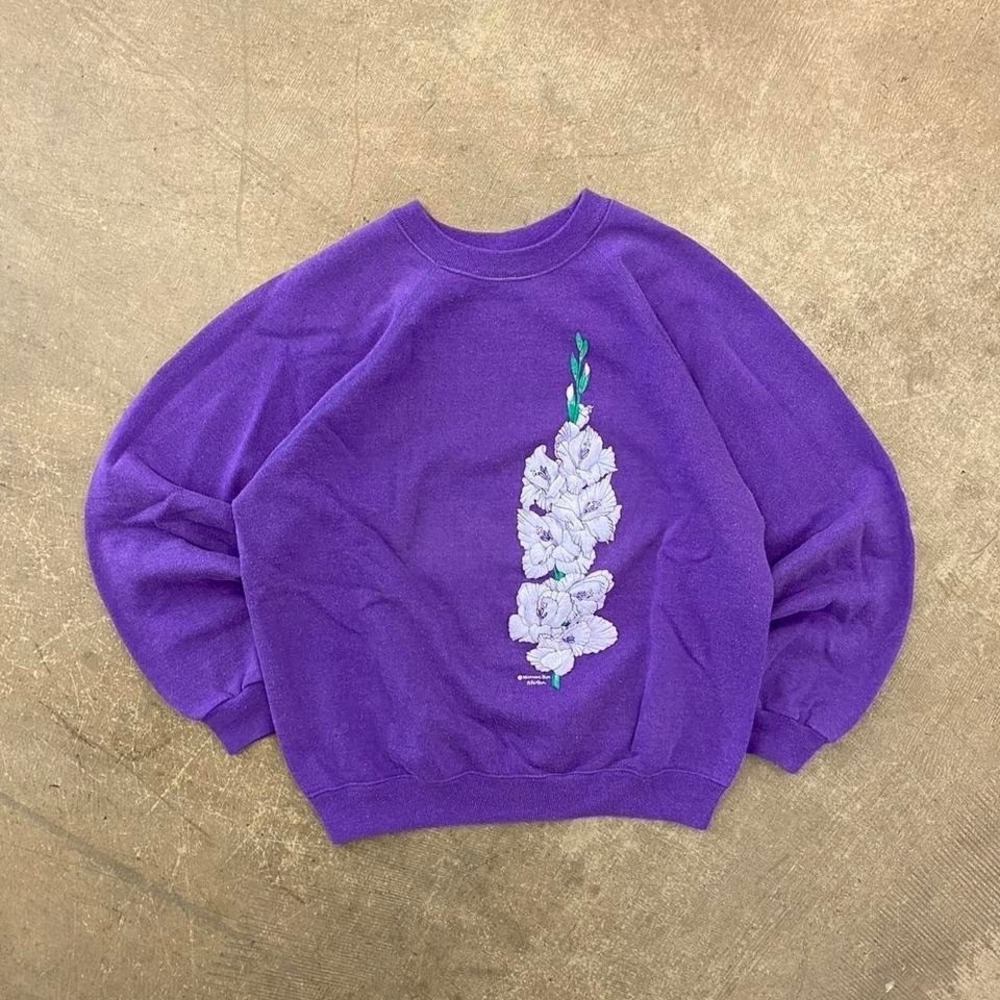 Vintage 90s Morning Sun Purple Flower Puff Print Crewneck Sweatshirt Size XL
